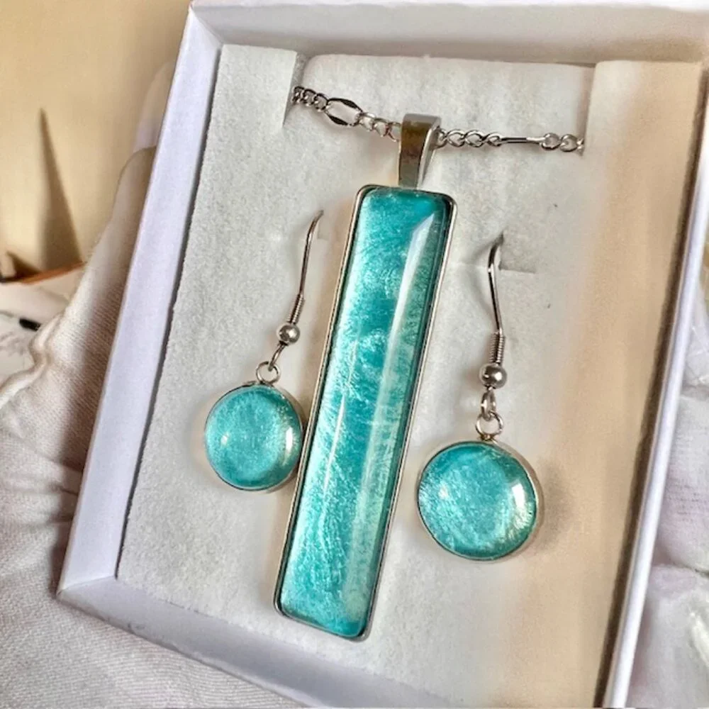 Blue Necklace & Earring Gift Set, Handmade Blue Jewelry, Stainless Steel, Glass - Picture 7 of 9